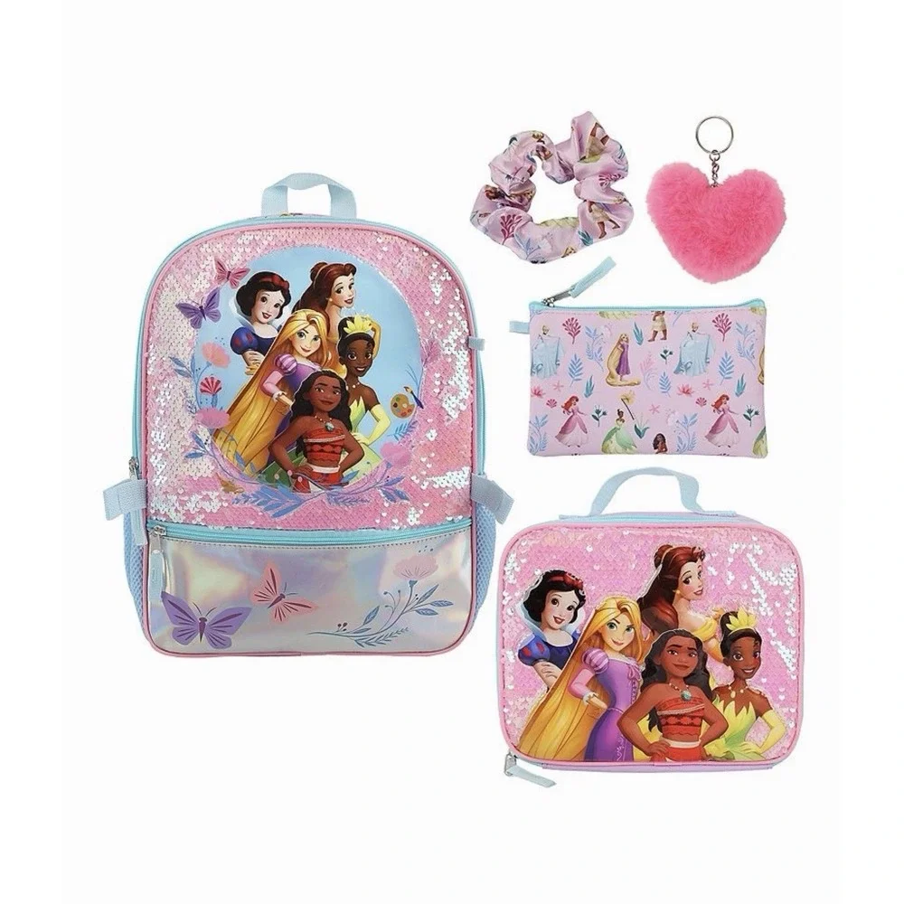 Disney Princess 5-Piece Backpack Set Sequin School Bag Lunch Box Accessories NWT